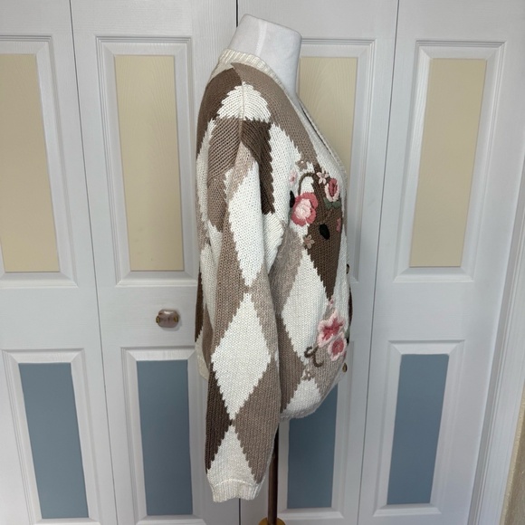 MILANO DESIGN GROUP Cardigan Womens Size M Argyle Floral Button Front Vintage - Picture 7 of 10